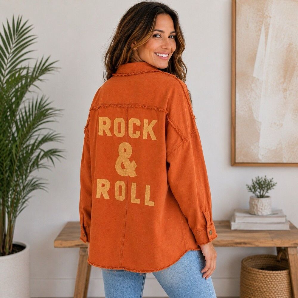 Davi & Dani Shirt Women Small Orange Rock & Roll Shacket Utility Grunge Retro